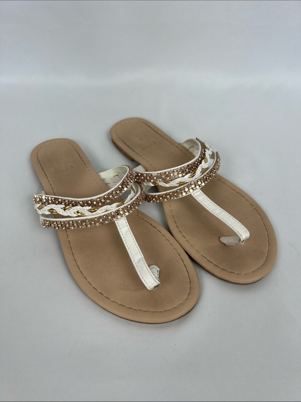 385 Fifth White and Gold‎ Braided T-Strap Sandals - Size 8